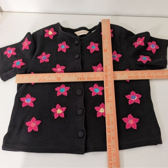 Bechamel Floral Cardigan Womens Size Medium Black Pink Knit Cotton Short Sleeve - Picture 8 of 10